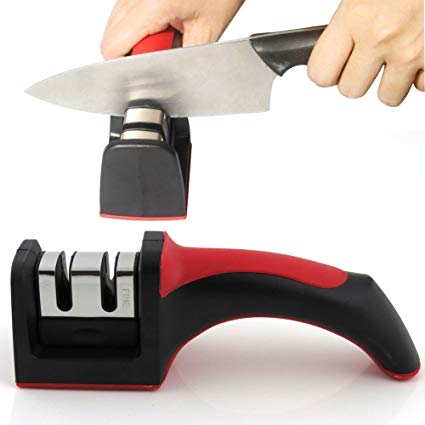 Kingware Home Knife Sharpener, Anti Skip 3 Stage System for Sharpening both Kitchen Steel and Ceramic Knife, Red