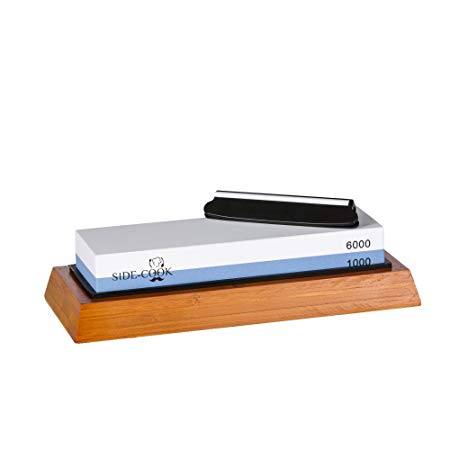 Side-Cook sharpening stone set-1000/6000 grit whetstone knife sharpener kit with angle guide-non slip bamboo base and instruction manual included