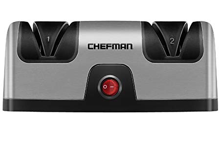 Chefman Electric Knife Sharpener, 2 Stage Diamond Coated Sharpening Blades, To Sharpen Kitchen, Chef, Paring, Pocket and Steel Knives, Better than Sharpening Stone, Silver/Black