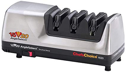 Chef’sChoice 1520 AngleSelect Diamond Hone Professional Electric Knife Sharpener for 15 and 20-degree Knives Fine Edge or Serrated Blades Precision Guided Sharpening Made in USA, 3-Stage, Silver
