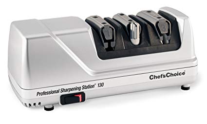 Chef’sChoice 130 Professional Electric Knife Sharpening Station for Straight and Serrated Knives Diamond Abrasives and Precision Angle Guides Made in USA, 3-Stages, Platinum
