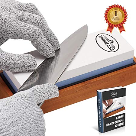 Minimass Premium 7 minuites Knife Sharpening Stone Kit, 2 Side 1000/6000 Grit Whetstone, Best Kitchen Blade Sharpener Stone, Non-Slip Bamboo Base, Angle Guide,Cut-resistant gloves and Sponge Included