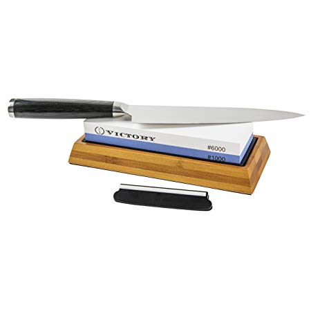 Victory Whetstone Box Set - Knife Sharpening Stone Kit with Double-Sided Stones 1000/6000 Fine Grit, Base and Guide Holder Stand 2-in-1 Combination - Kitchen Cutlery, Knife Sharpener