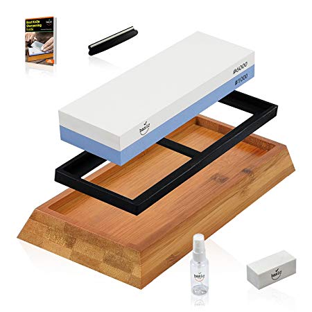 WarriorStone Whetstone Sharpening Stone – Sharpen Everything Quickly, Easily & Safely w/ Powerful Professional Knife Sharpening Kit, Non-Slip Silicone Lined Bamboo Base, Angle Guide, Flattening Stone