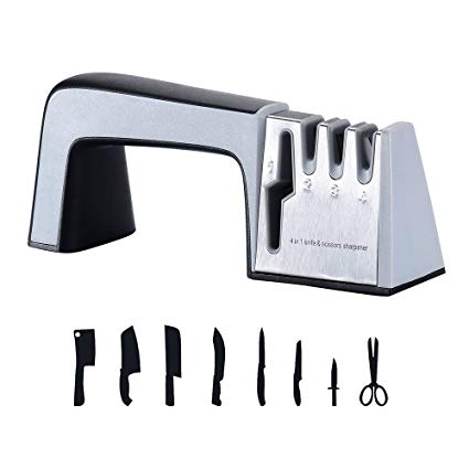 Knife Sharpener, Professional Kitchen Sharpener 4 in 1 Knife and Scissor Sharpening Device Ergonomic Designed for All Sized Household Knives