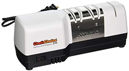 Chef'sChoice 270 Hybrid Diamond Hone Knife Sharpener Combines Electric and Manual Sharpening for Straight and Serrated 20-Degree Knives Made in USA, 3-Stage, White