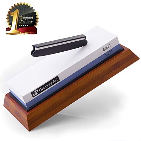 Whetstone Knife Sharpening Stone | Waterstone Knife Sharpener 1000-6000 Grit with Non-Slip Bamboo Base and Angle Guide | Best Wet Stone Kitchen Knives Sharpening Kit
