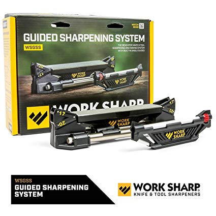 Work Sharp WSGSS Guided Sharpening System, bench-top knife sharpener, angle guides, diamond plates, ceramic hone, perfect for home, camp or field sharpening, sharpens all types of knives, fishhooks &common camp tools.