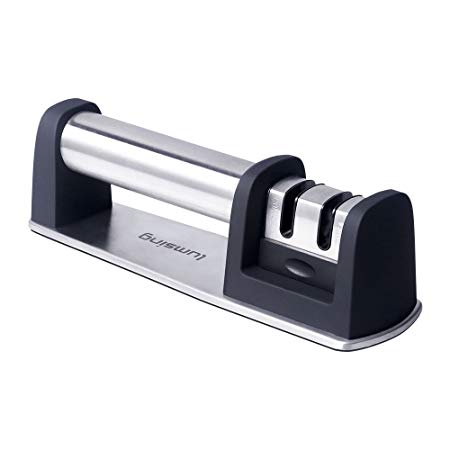 Lumsing Knife Sharpener, 2 Stage Diamond Coated Coarse & Fine Sharpening Wheel System for Straight Knives, Black & Silver