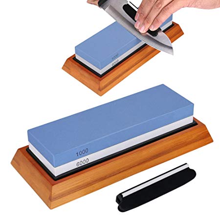 Knife Sharpening Stone 2 Side Grit 1000/6000 Whetstone Great for Sharpen Chefs Knife & Kitchen Knife, Waterstone with Anti-slip Bamboo Base.